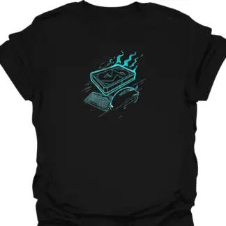Blue Flaming Computer With Keyboard And Mouse Graphic T-Shirt