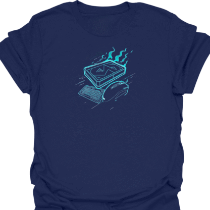 Blue Flaming Computer With Keyboard And Mouse Graphic T-Shirt - Image 5